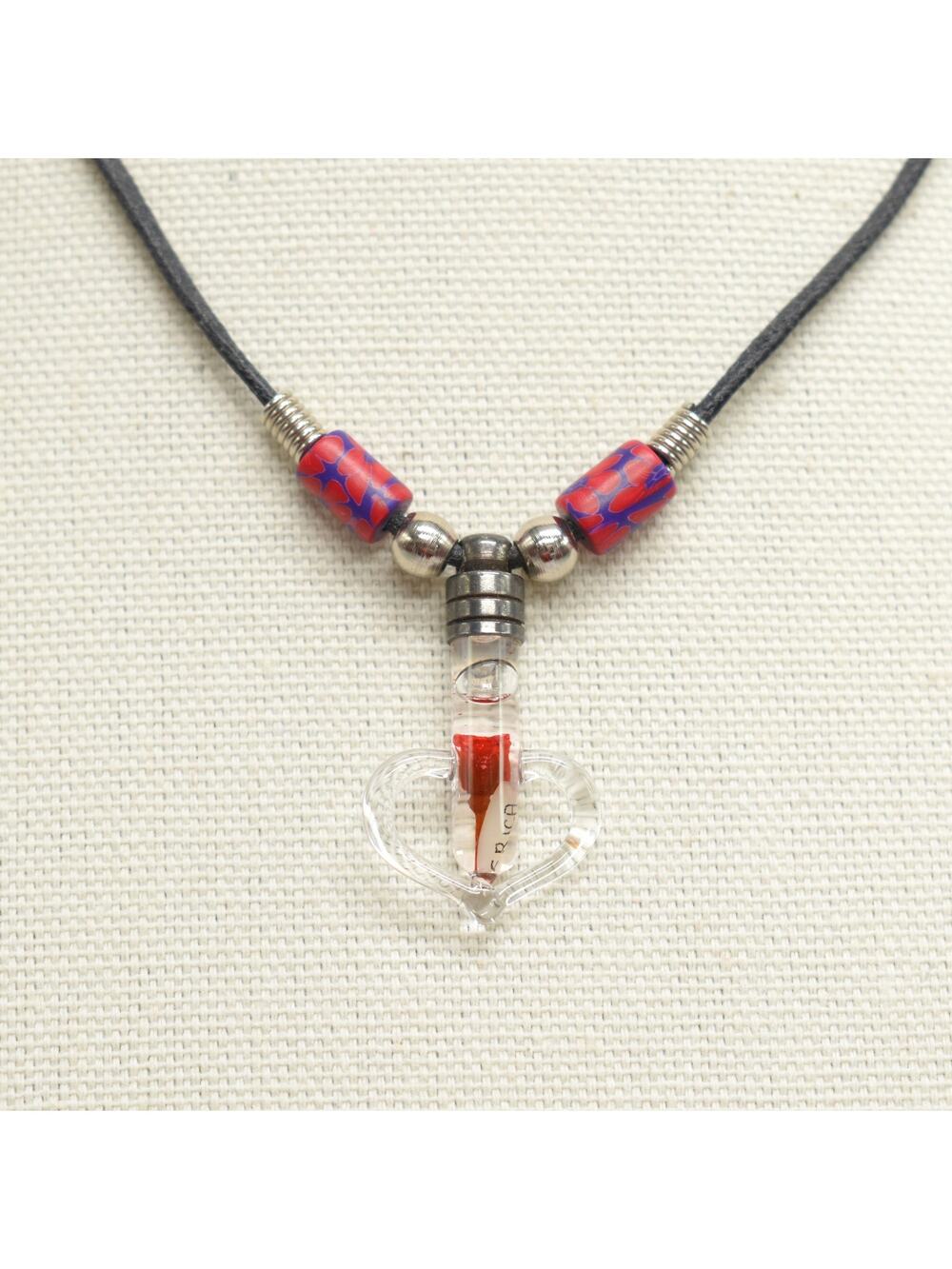 Y2K vintage Glass Heart vial pendant w/ rose Grain of rice name ERIKA necklace